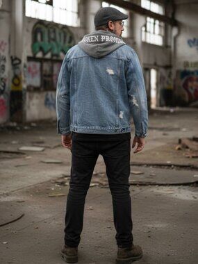 Broken Promises Men’s Distressed Denim Jean Jacket With Gray Hood Large